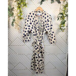 Perry Ellis Vintage Polka Dot Cotton Robe Belted Cream Navy Blue One Size NEW